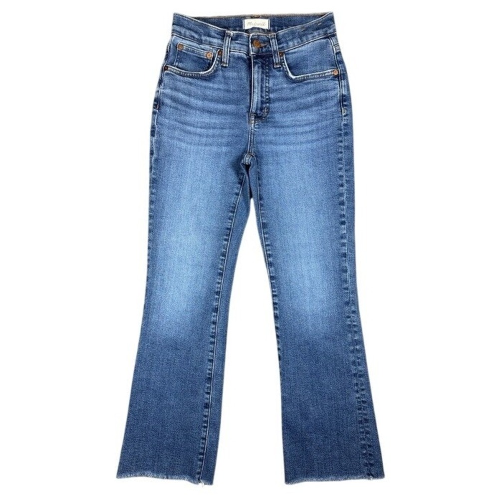 Madewell Mid-Rise Kick Out Jeans Blue Medium Wash Raw Hem‎ Size 24 Flare Stretch
